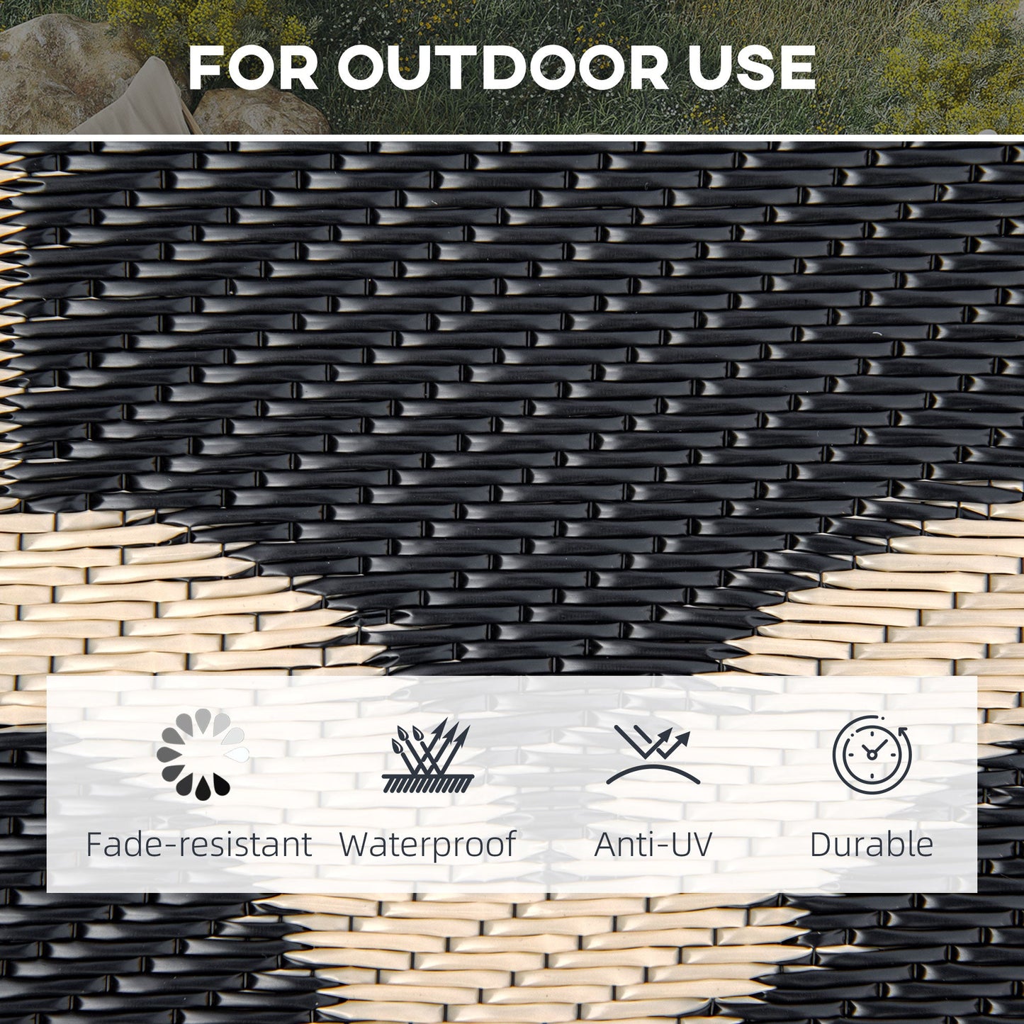 '-Outsunny 9x12 Modern Outdoor Rug, Reversible and Folding Plastic Rug, Four Straps for Backyard, Deck, Picnic, Camping, Black & Beige | Aosom - Outdoor Style Company