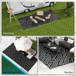 Side Tables - Outsunny 9x18 Modern Outdoor Rug, Plastic Waterproof Floor Mat, with Carry Bag, Portable RV Carpet, 4 Straps, Black & Gray Geometric | Aosom.com - Outdoor Style Company