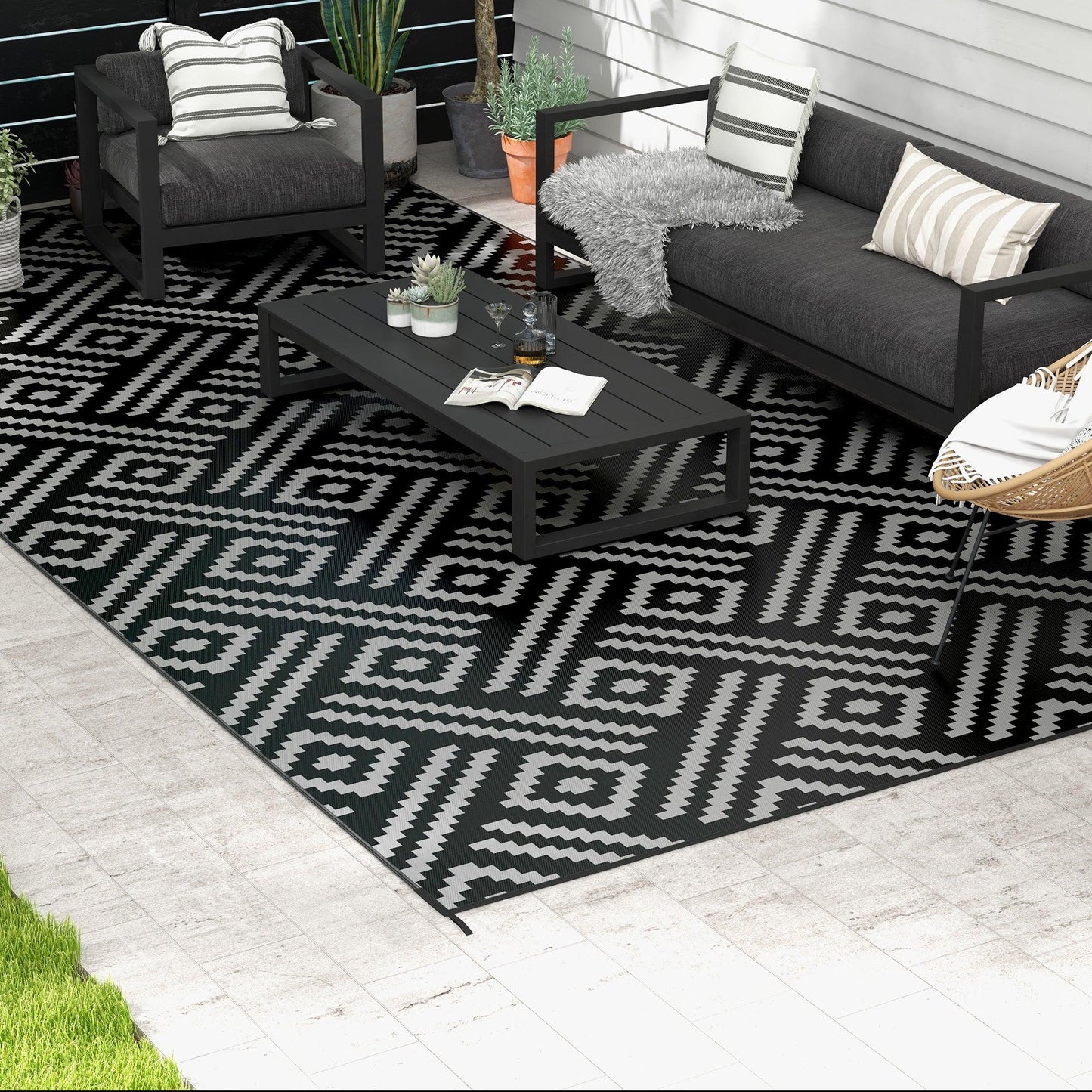 Side Tables - Outsunny 9x18 Modern Outdoor Rug, Plastic Waterproof Floor Mat, with Carry Bag, Portable RV Carpet, 4 Straps, Black & Gray Geometric | Aosom.com - Outdoor Style Company