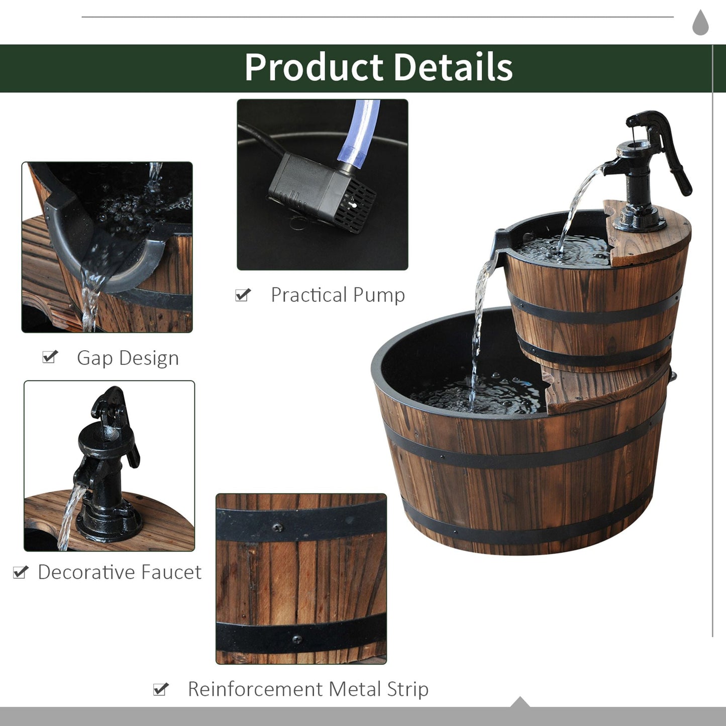 '-Outsunny Accent Two-Tier Rustic Wooden Barrel Fountain - Outdoor Style Company