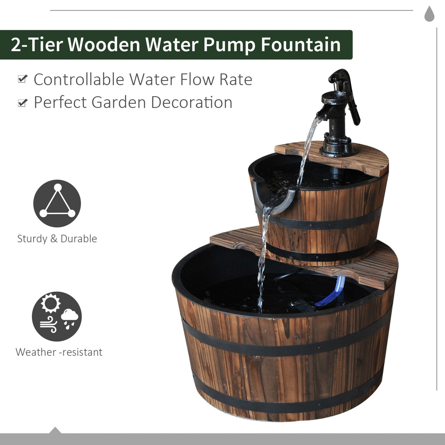 '-Outsunny Accent Two-Tier Rustic Wooden Barrel Fountain - Outdoor Style Company