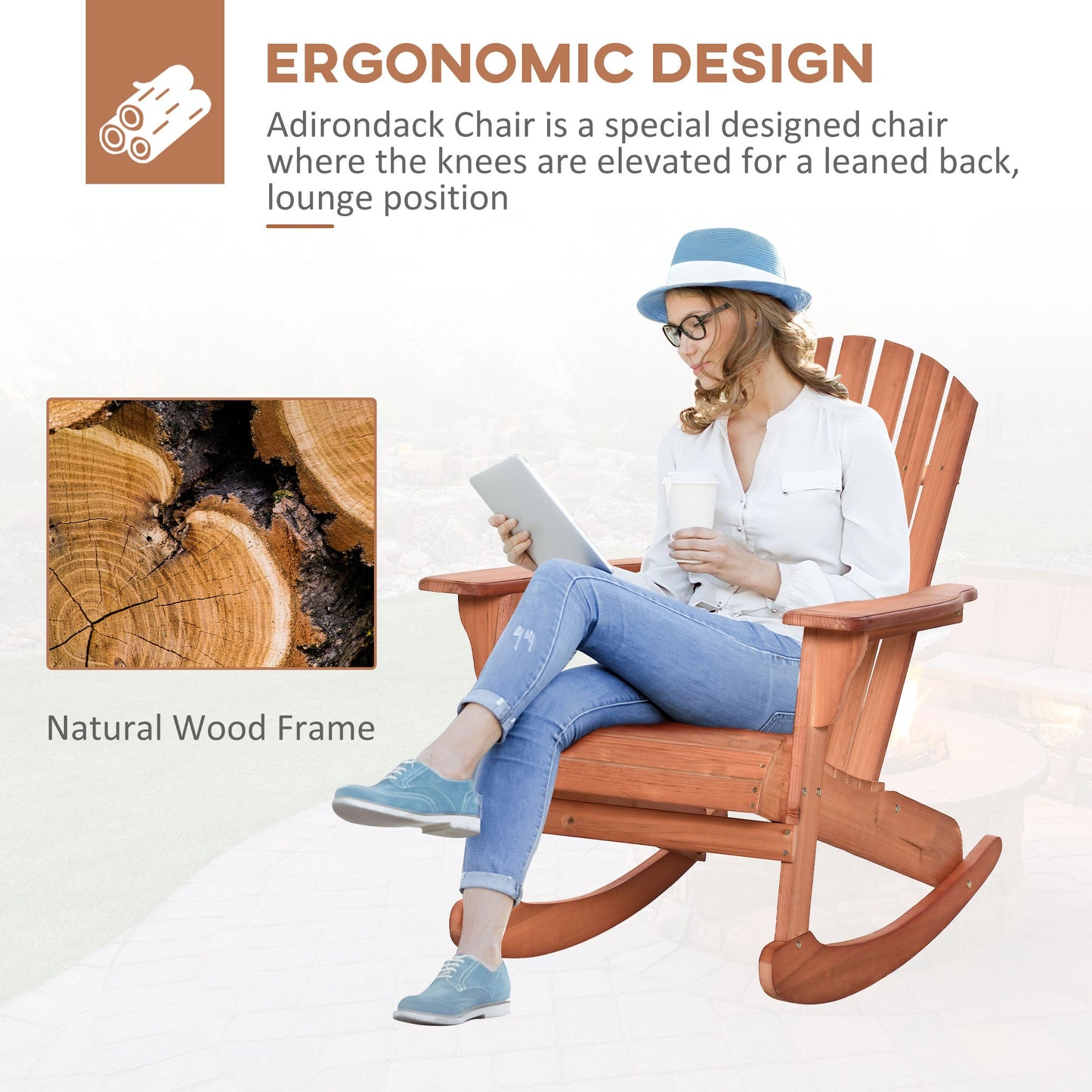 '-Outsunny Adirondack Rocking Chair, with Slatted Wooden Design, Fanned Back, Ergonomic Armrests, Classic Rustic Style, for Patio, Teak | Aosom.com - Outdoor Style Company