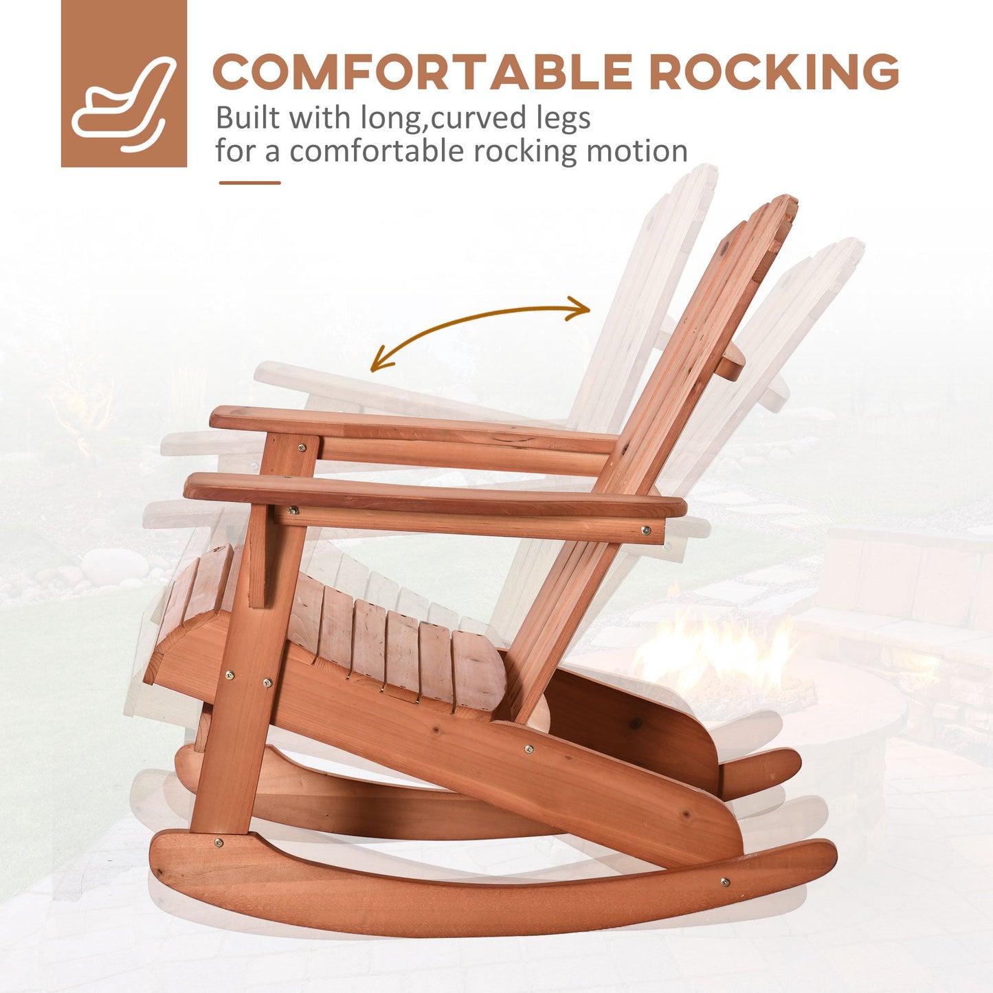 '-Outsunny Adirondack Rocking Chair, with Slatted Wooden Design, Fanned Back, Ergonomic Armrests, Classic Rustic Style, for Patio, Teak | Aosom.com - Outdoor Style Company