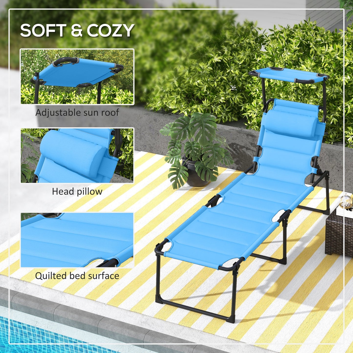 -Outsunny Adjustable Folding Chaise Lounge with 4-position Backrest, Sun Roof, Head Pillow for Patio, Balcony, Outdoor, Light Blue - Outdoor Style Company