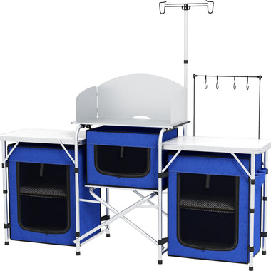 -Outsunny Aluminum Camping Kitchen, Portable Folding Camping Table with Fabric Cupboards, Windshield, Bag for BBQ, Picnic, Blue - Outdoor Style Company