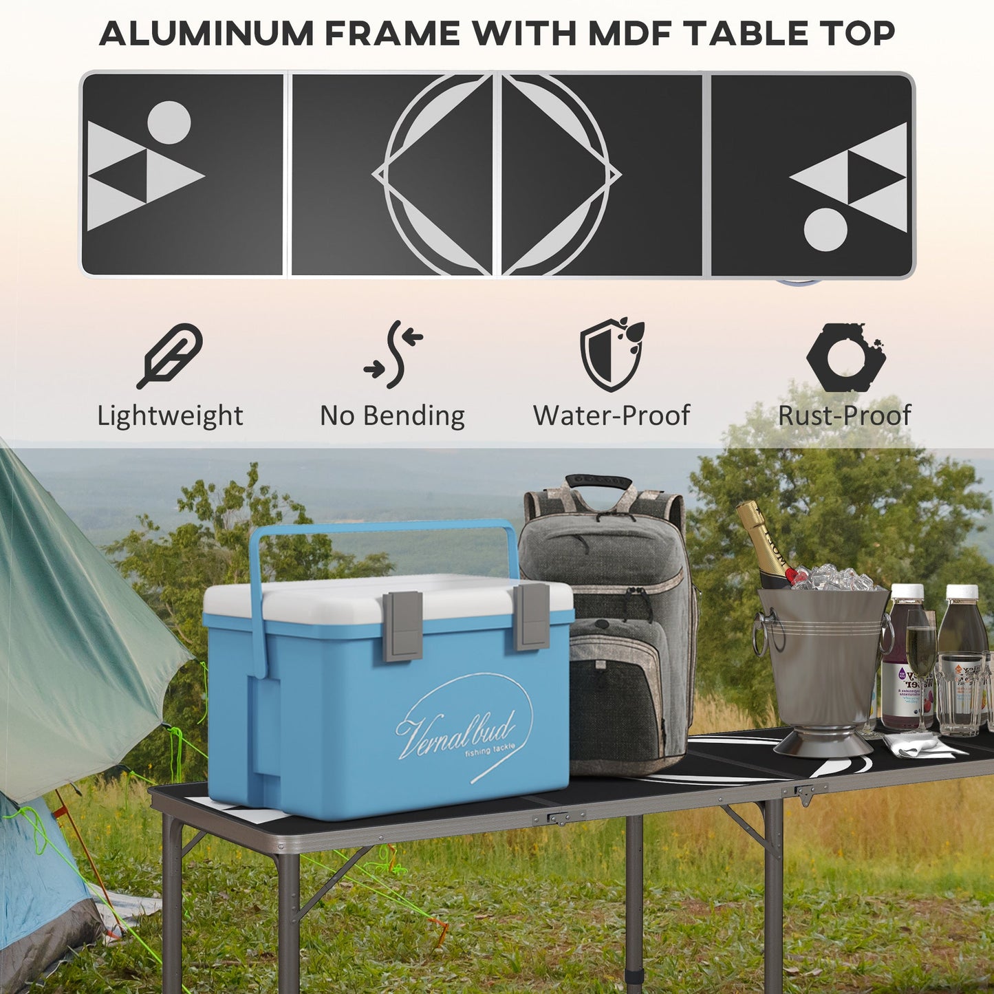 '-Outsunny Aluminum Camping Table with Adjustable Legs, 8ft Folding Picnic Table for Travel, BBQ, Beach or Hiking, Black & White - Outdoor Style Company