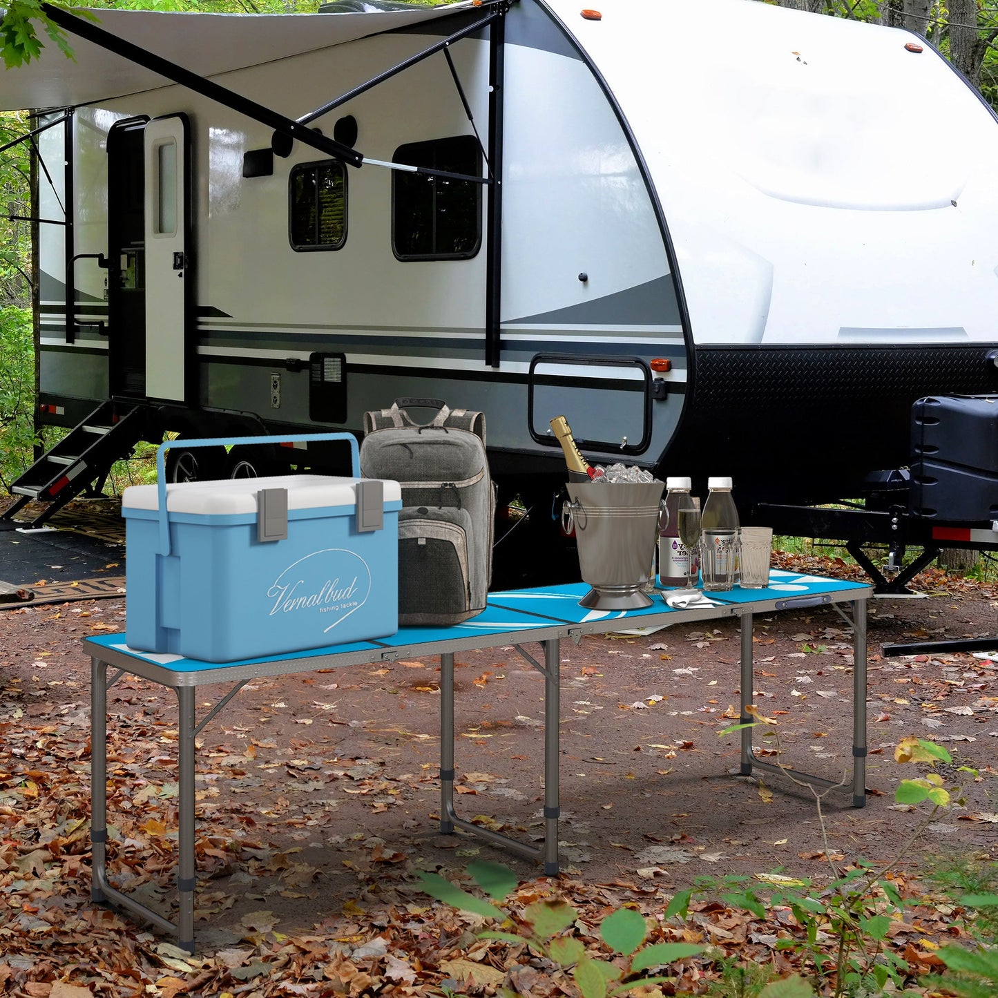 '-Outsunny Aluminum Camping Table with Adjustable Legs, 8ft Folding Picnic Table for Travel, BBQ, Beach or Hiking, Blue & White - Outdoor Style Company