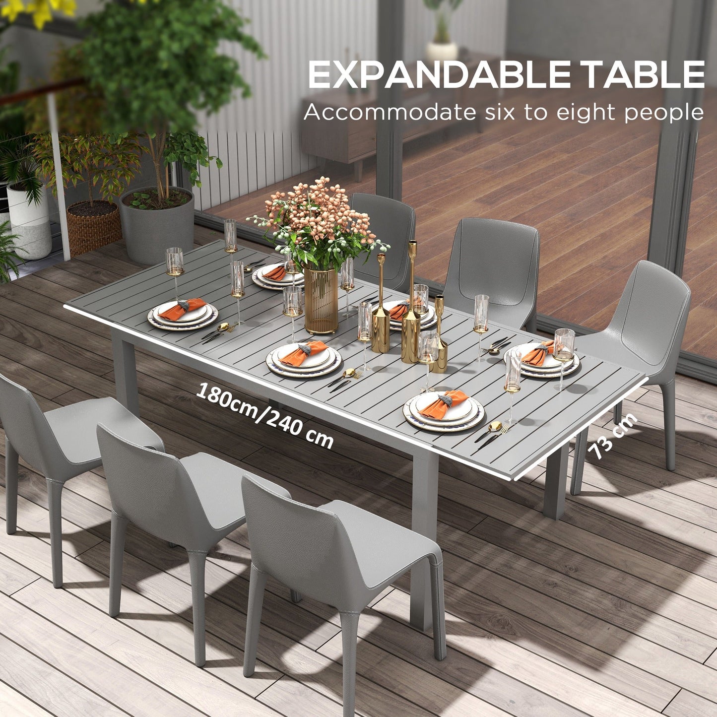 '-Outsunny Aluminum Outdoor Dining Table for 6-8 People, Expandable Patio Table for Garden Lawn Balcony - Charcoal Gray - Outdoor Style Company