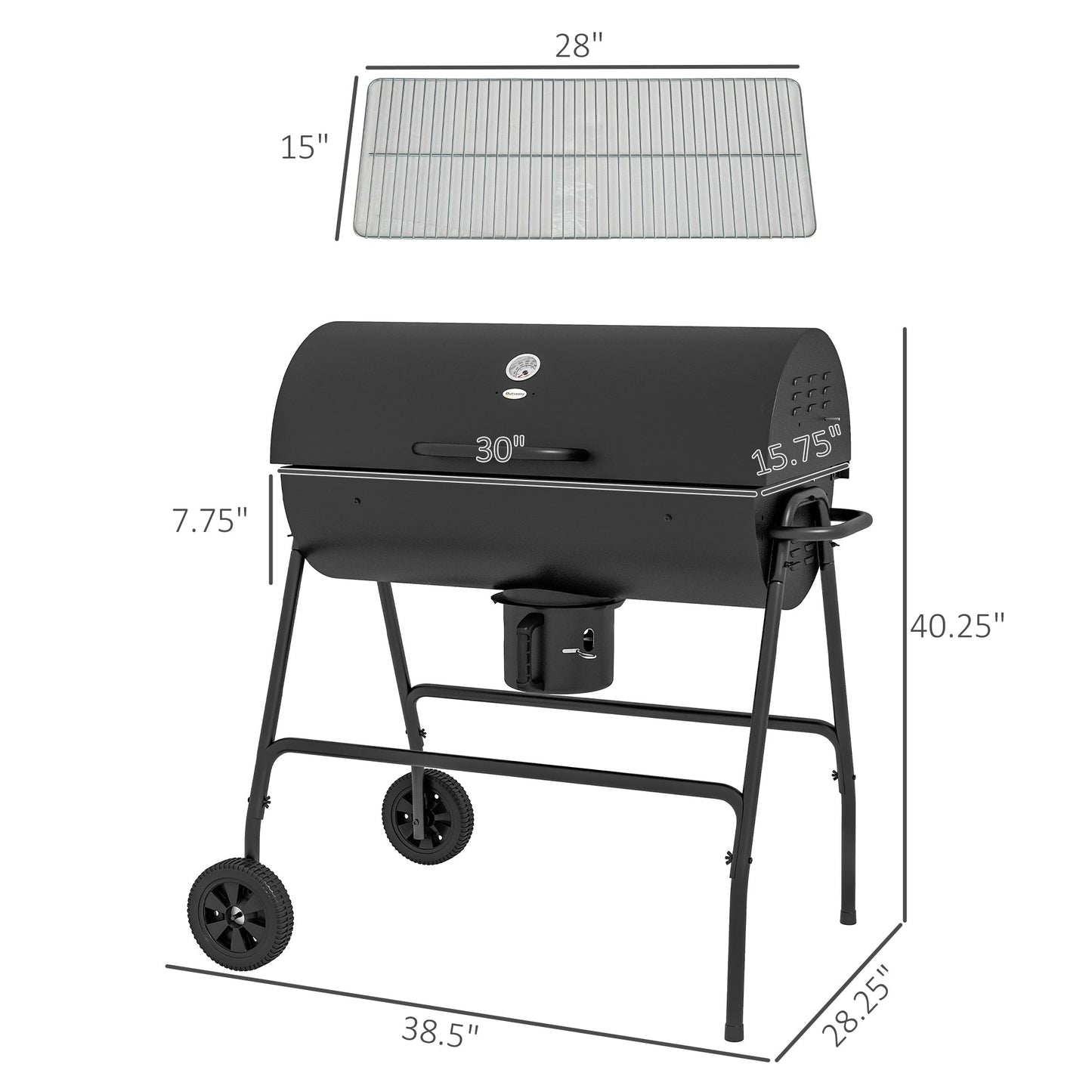 '-Outsunny Barrel CharcoalÂ BBQÂ GrillÂ BarbecueÂ Smoker with 420 sq.in. Cooking Area, Wheels, Ash Catcher, Black - Outdoor Style Company