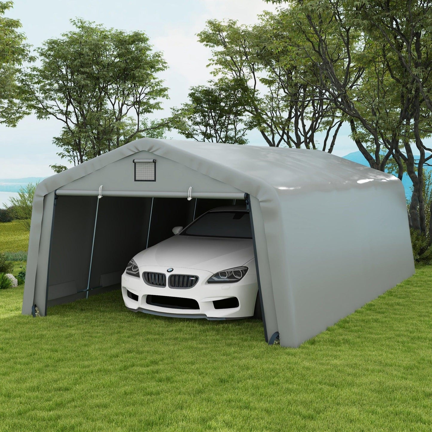 '-Outsunny Carport 12' x 20' Portable Garage, Heavy Duty Car Port Canopy with Ventilation Windows and Large Roll-up Door, Gray - Outdoor Style Company