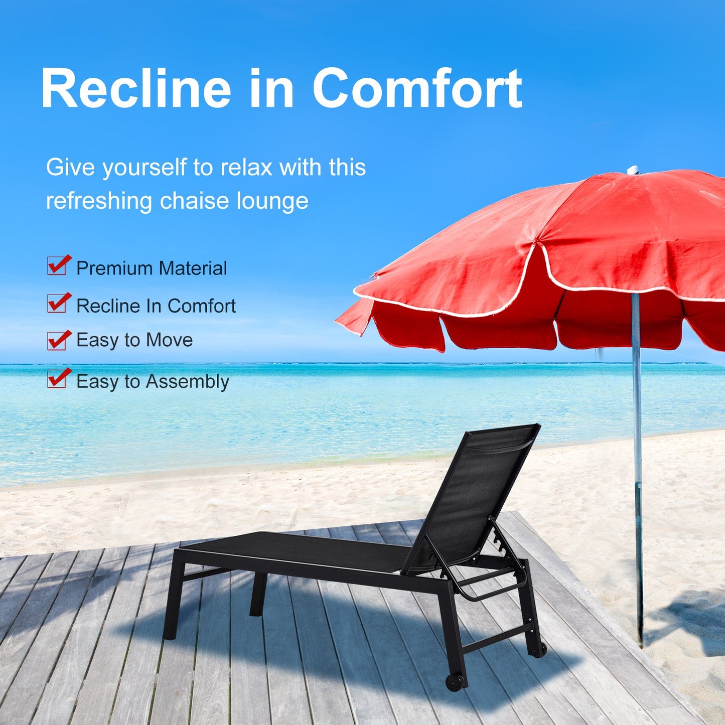 -Outsunny Chaise Lounge Chair with Wheels, Adjustable 5-level Backrest, Breathable, for Bed Lounger, Sunbathing, Beach, patio, Black | Aosom.com - Outdoor Style Company