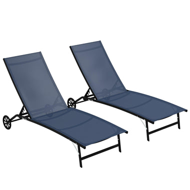 '-Outsunny Chaise Lounge Outdoor, 2 Piece Lounge Chair w/ Wheels and 5 Adjustable Position for Patio, Beach, Yard, Pool, Dark Blue - Outdoor Style Company