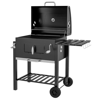 -Outsunny Charcoal BBQ Grill and Smoker Combo Outdoor Portable Trolley Camping Picnic Backyard with Side Shelf, Black - Outdoor Style Company