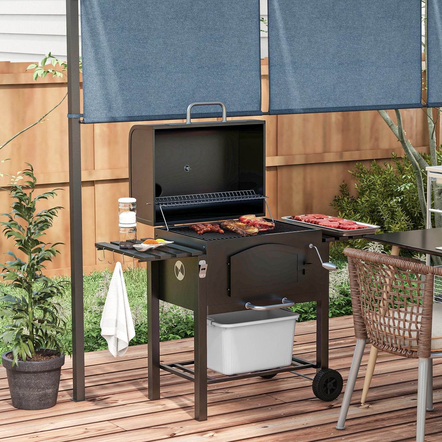 '-Outsunny Charcoal BBQ Grill and Smoker Combo w/ Adjustable Height, Folding Shelves, Thermometer, and Wheels - Outdoor Style Company