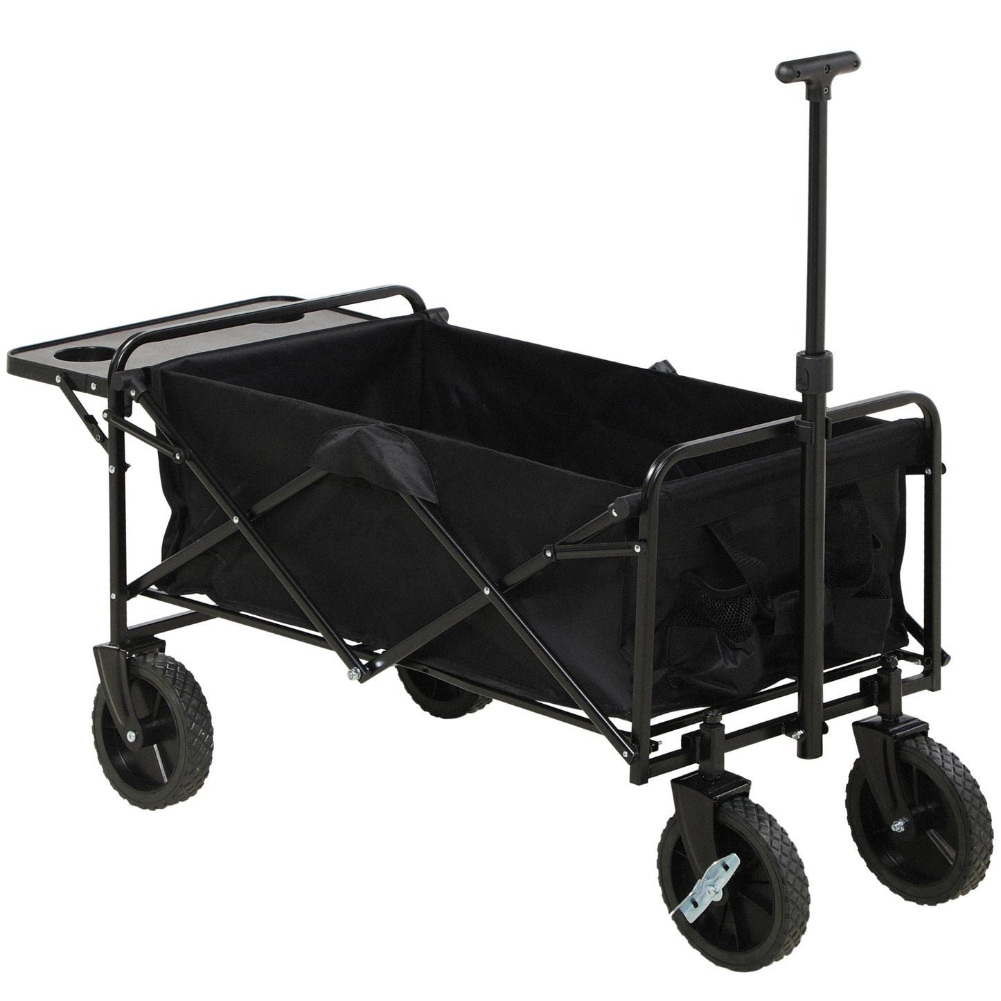 '-Outsunny Collapsible Wagon with Adjustable Handle, Folding Table and Cup Holders, Heavy Duty Graden Carts with Wheels, Black - Outdoor Style Company