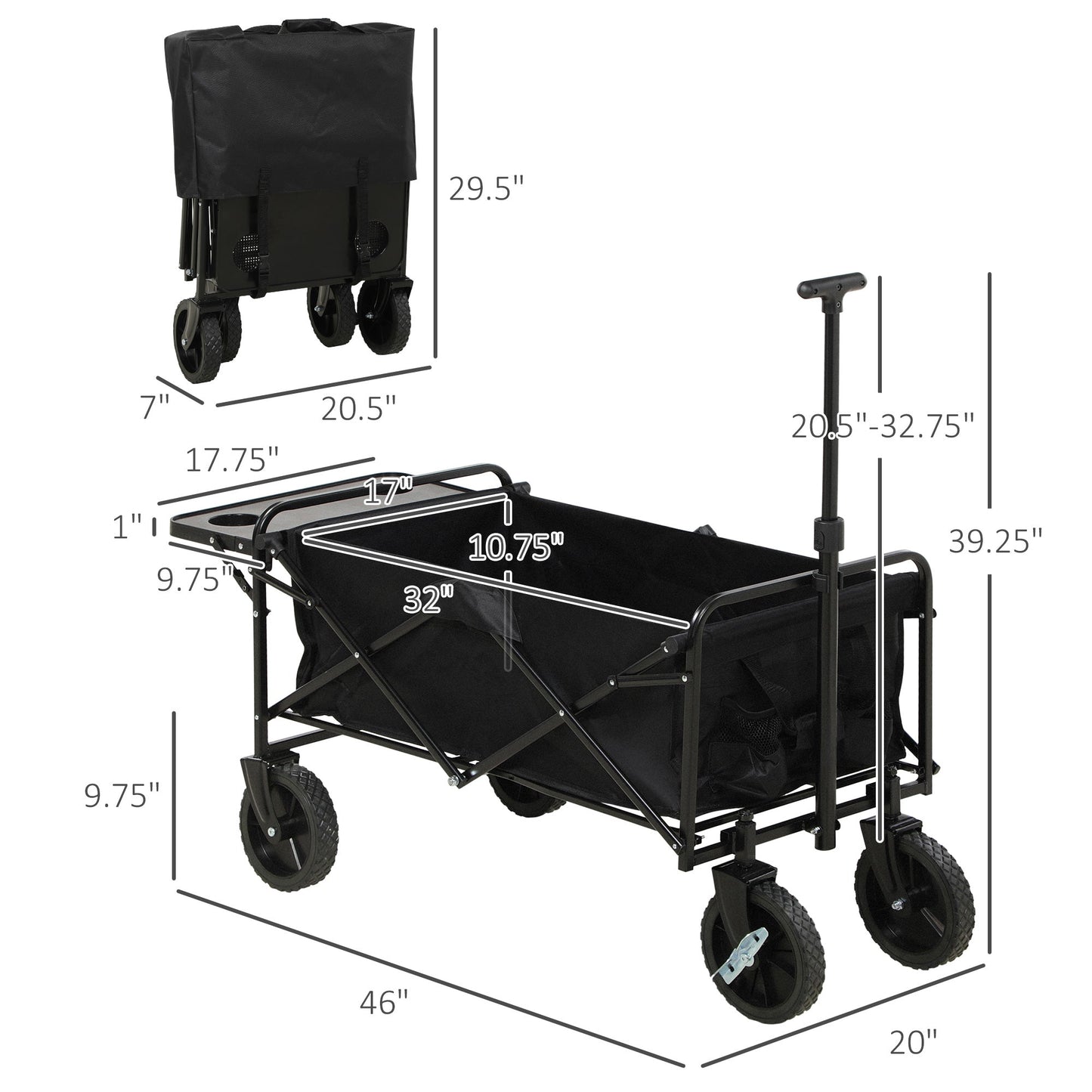 '-Outsunny Collapsible Wagon with Adjustable Handle, Folding Table and Cup Holders, Heavy Duty Graden Carts with Wheels, Black - Outdoor Style Company