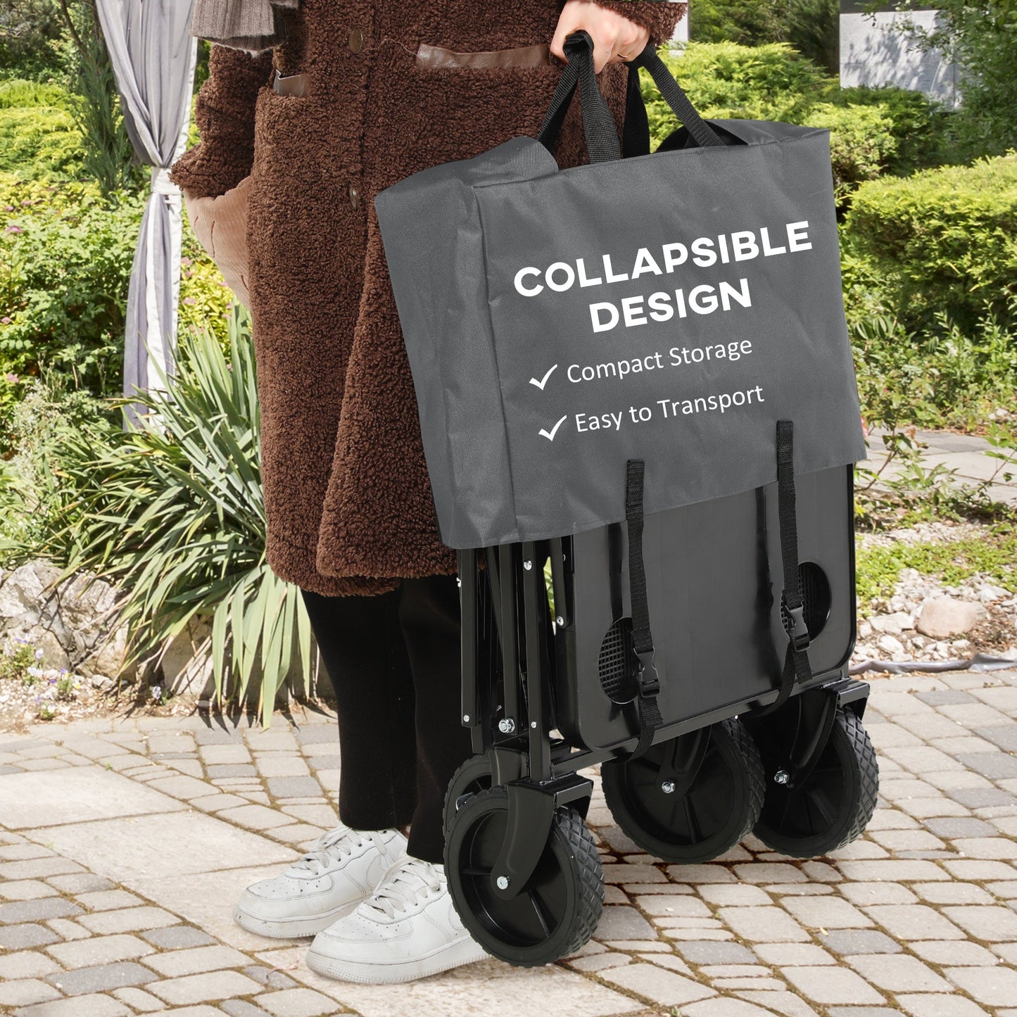 '-Outsunny Collapsible Wagon with Adjustable Handle, Folding Table and Cup Holders, Heavy Duty Graden Carts with Wheels, Dark Gray - Outdoor Style Company