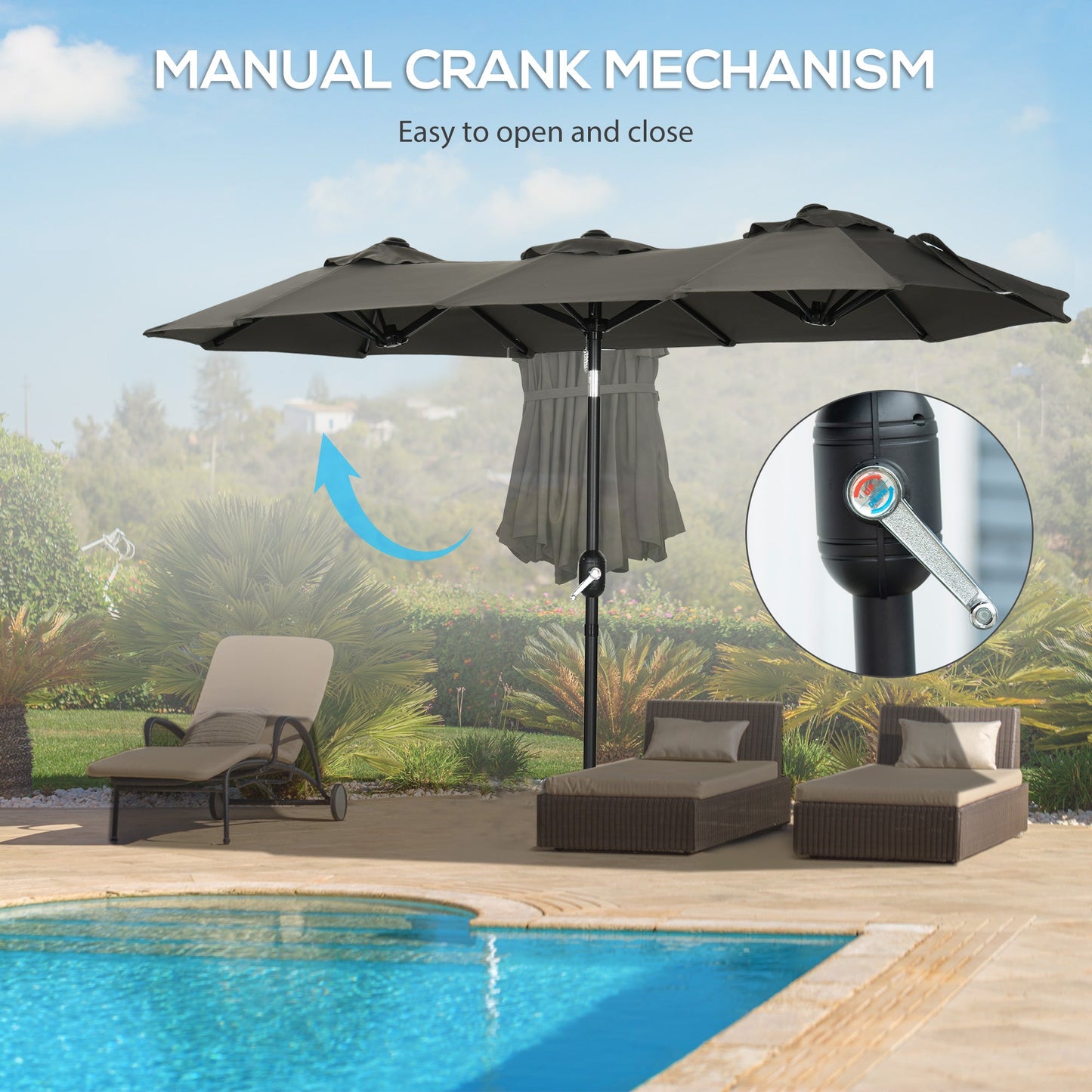 '-Outsunny Double-sided Patio Umbrella 9.5' Large Outdoor Market Umbrella with Push Button Tilt and Crank, 3 Air Vents and 12 Ribs - Outdoor Style Company