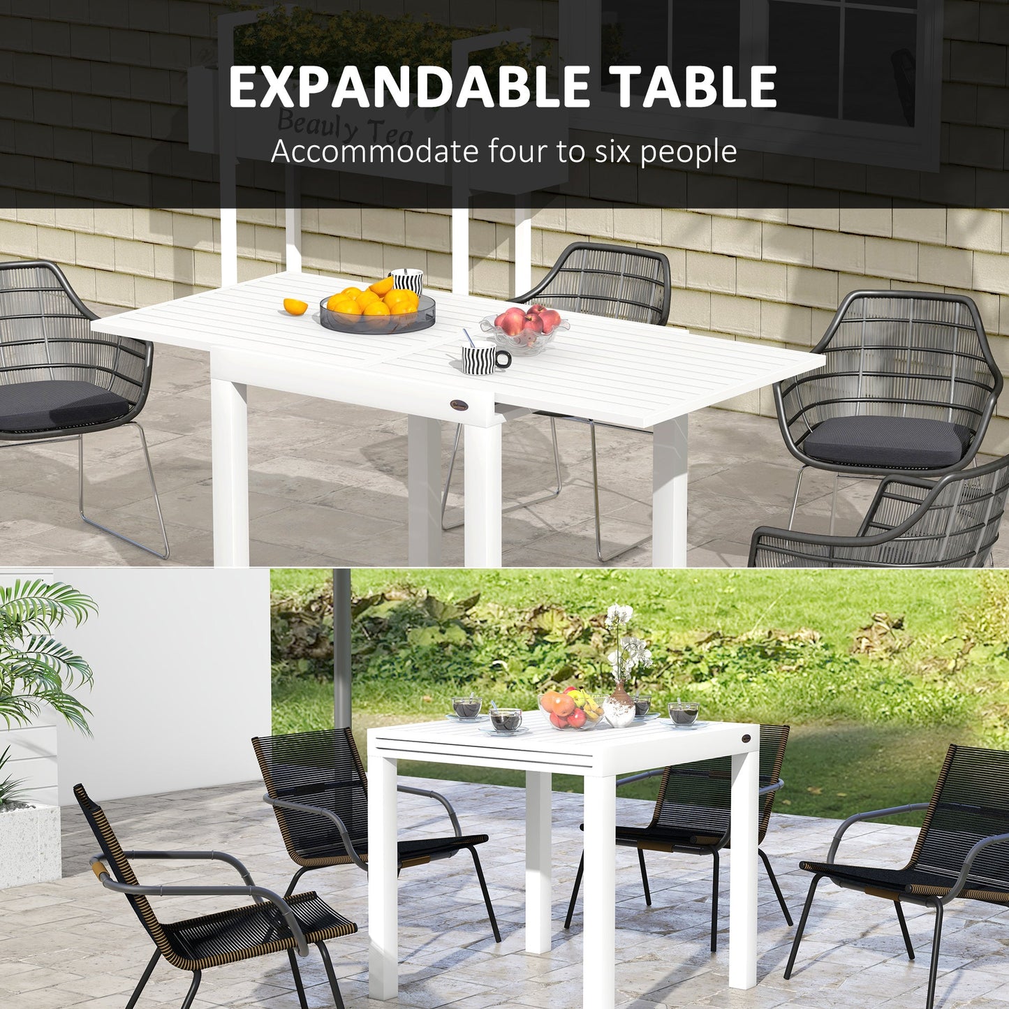 '-Outsunny Expandable Patio Table, Outdoor Dining Table for 4-6 with Aluminum Frame for Garden Lawn Balcony Terrace, White - Outdoor Style Company