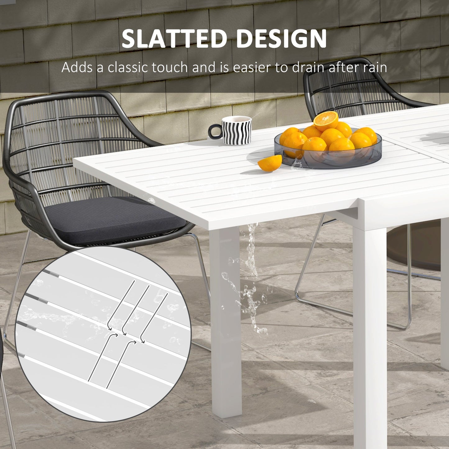 '-Outsunny Expandable Patio Table, Outdoor Dining Table for 4-6 with Aluminum Frame for Garden Lawn Balcony Terrace, White - Outdoor Style Company