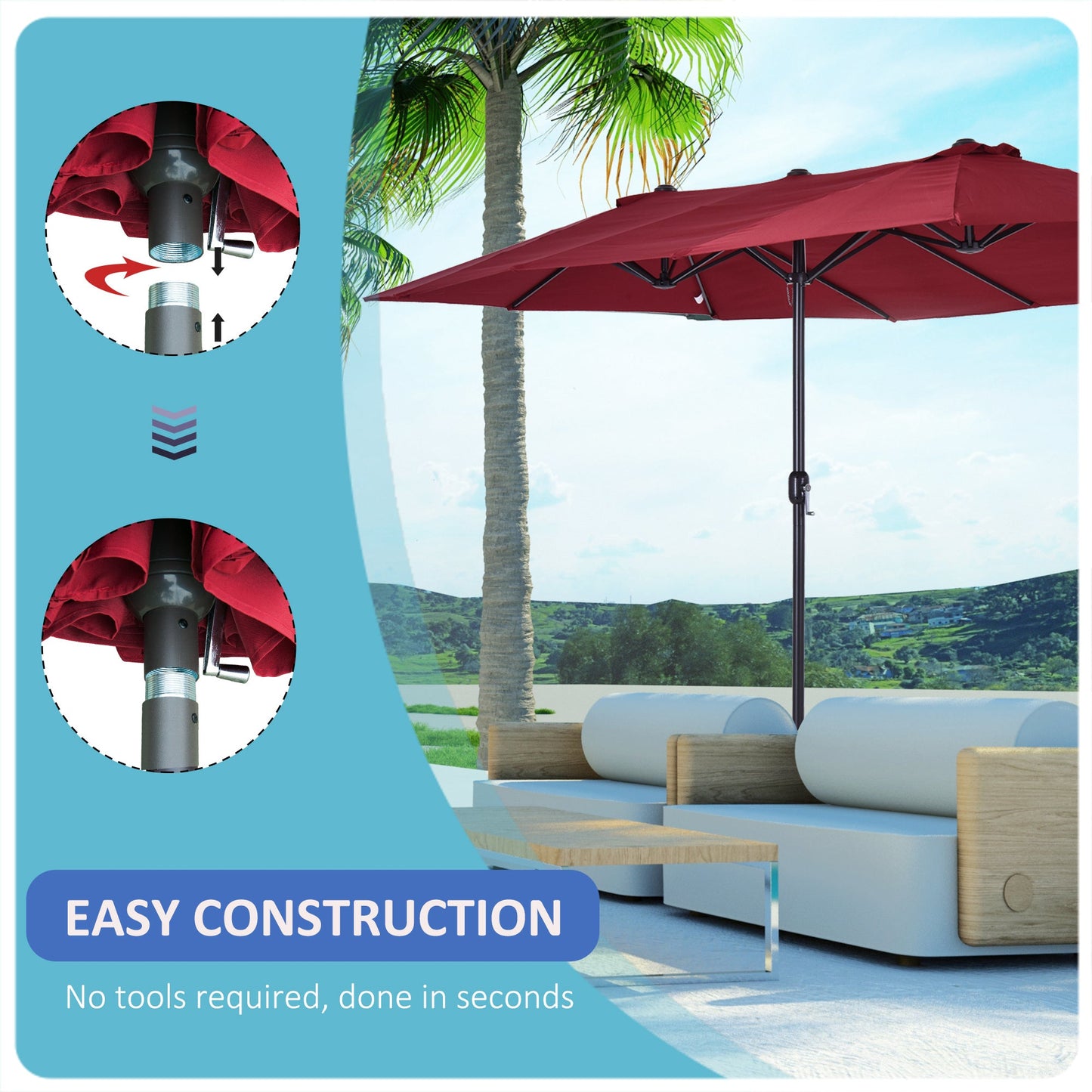 '-Outsunny Extra Large 15ft Patio Umbrella, Double-Sided Outdoor Market Umbrella with Crank Handle for Deck, Lawn, Backyard and Pool, Wine Red - Outdoor Style Company