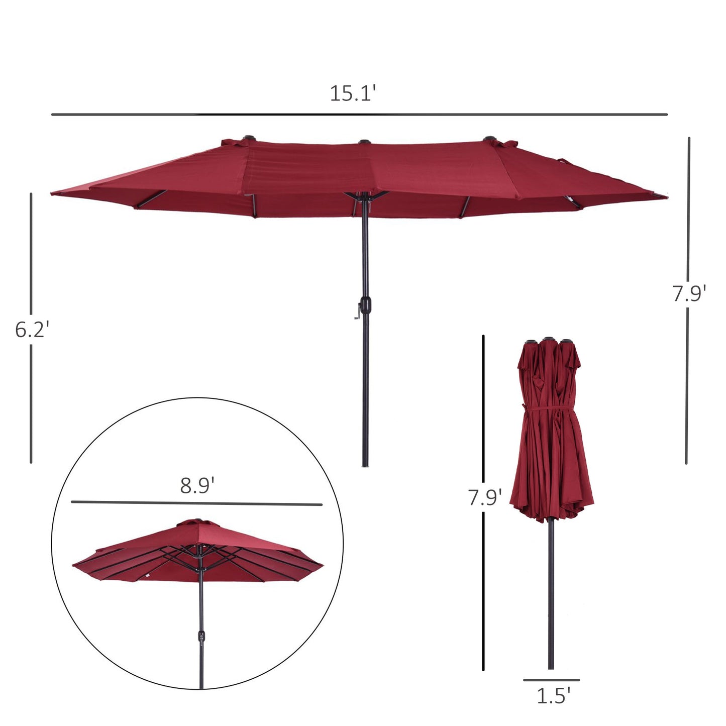 '-Outsunny Extra Large 15ft Patio Umbrella, Double-Sided Outdoor Market Umbrella with Crank Handle for Deck, Lawn, Backyard and Pool, Wine Red - Outdoor Style Company