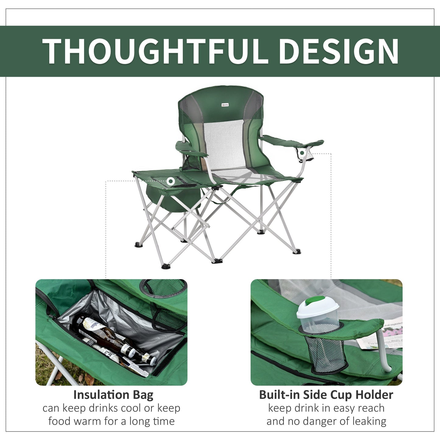 -Outsunny Folding Camping Chair with Portable Insulation Table Bag, Two Cup Holders for Beach, Ice Fishing and Picnic, Green - Outdoor Style Company