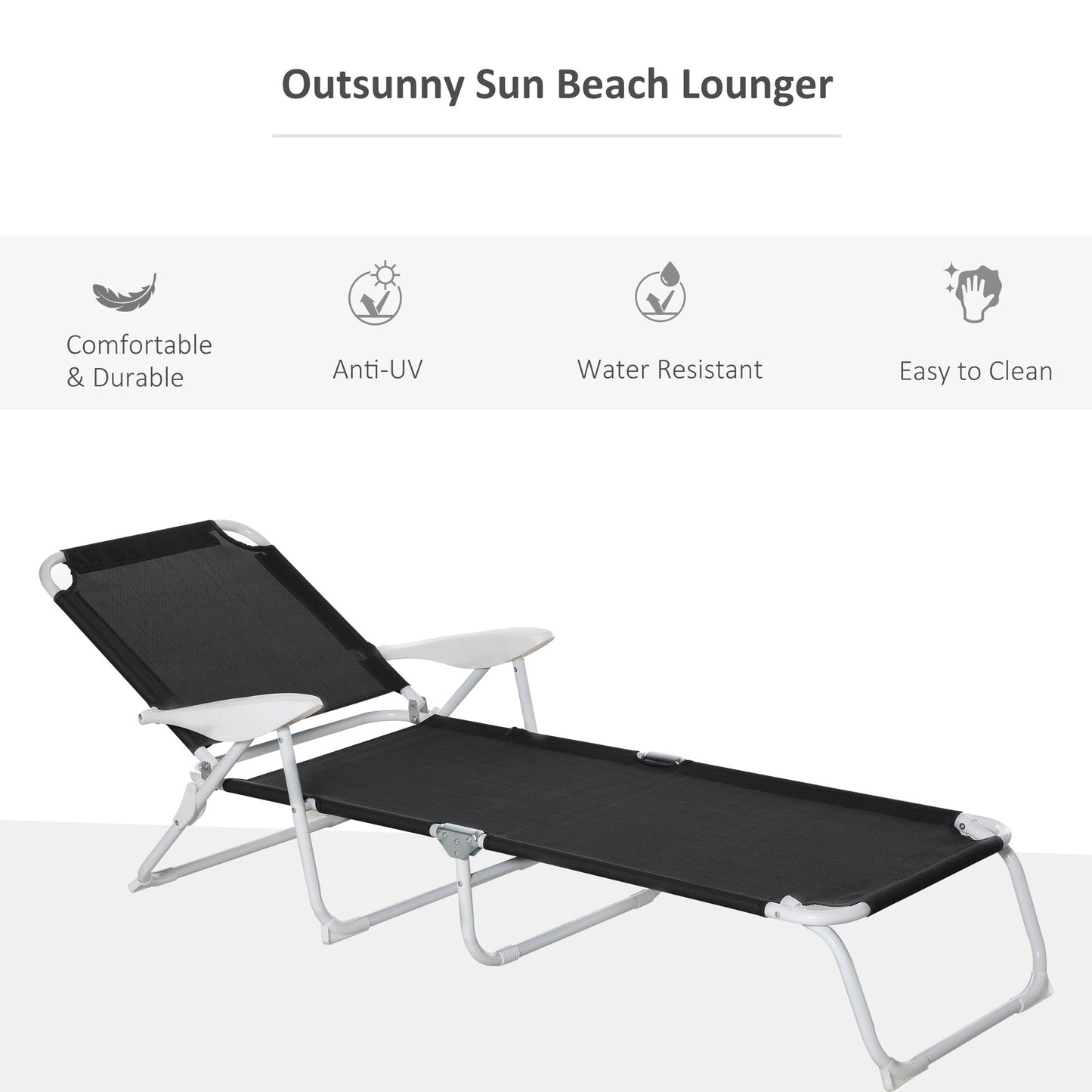 '-Outsunny Folding Chaise Lounge, 4-Position Adjustable Lounge Chair with Armrests for Lawn, Patio, Beach, Deck, Black - Outdoor Style Company