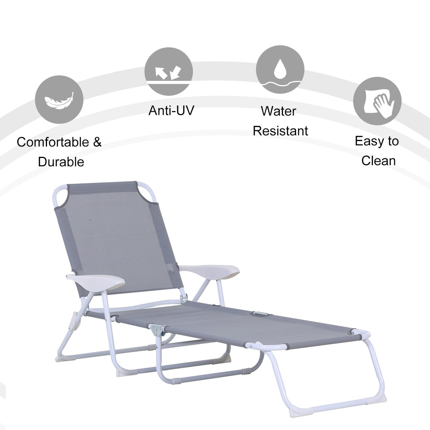 '-Outsunny Folding Chaise Lounge, 4-Position Adjustable Lounge Chair with Armrests for Lawn, Patio, Beach, Deck, Gray - Outdoor Style Company