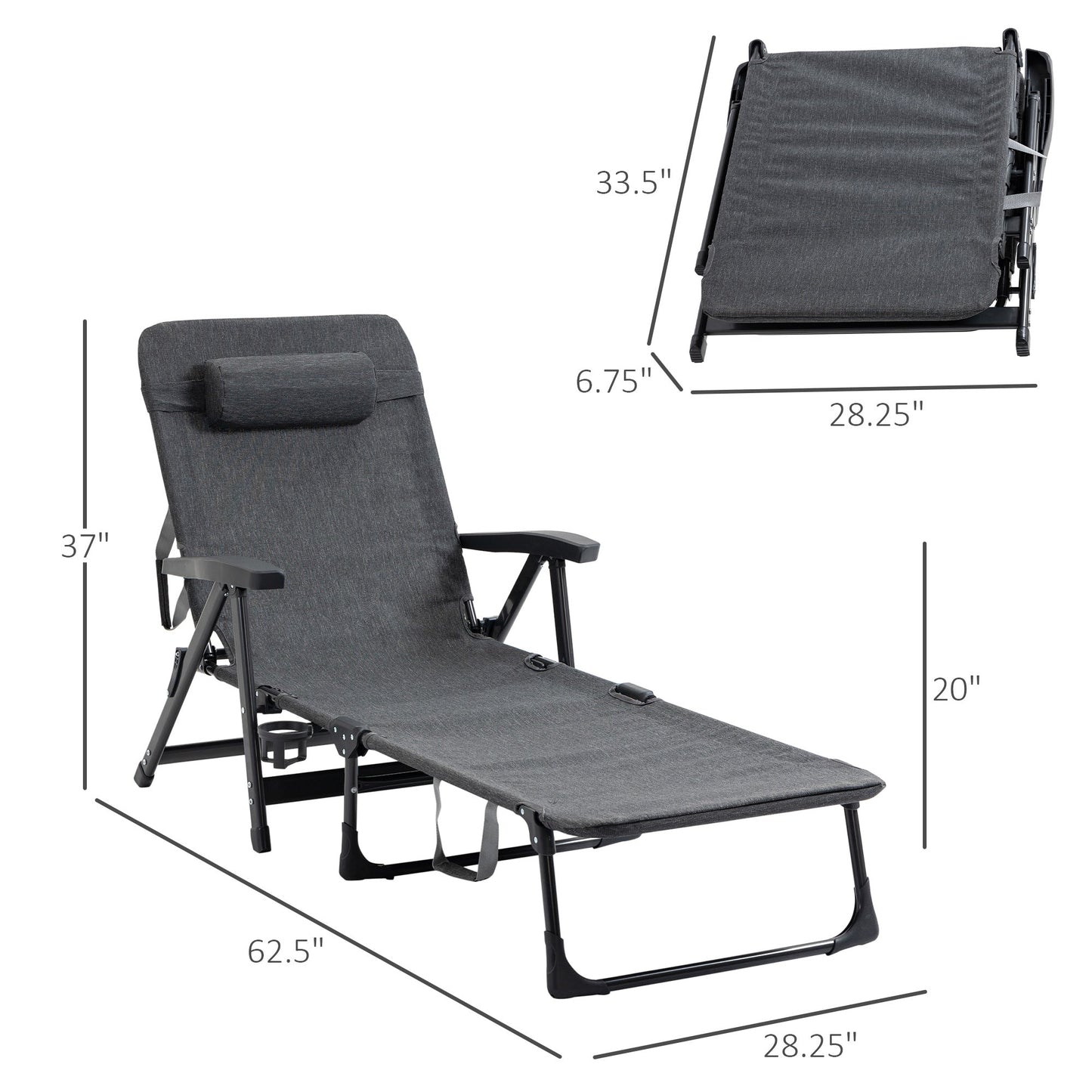 -Outsunny Folding Chaise Lounge Chair, Mesh Fabric Lounge Chair, 7-Reclining Position Sleeping Bed with Pillow & Cup Holder or Poolside, Deck, Backyard - Outdoor Style Company