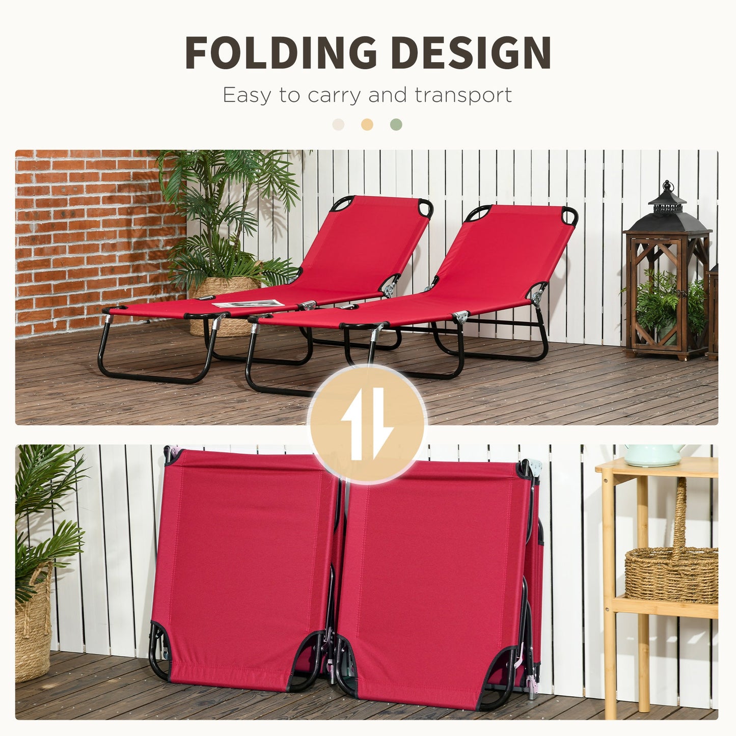 -Outsunny Folding Chaise Lounge Pool Chairs, Set of 2 Outdoor Sun Tanning Chairs, 5-Position Reclining Back & Oxford Fabric for Beach, Patio, Wine Red - Outdoor Style Company