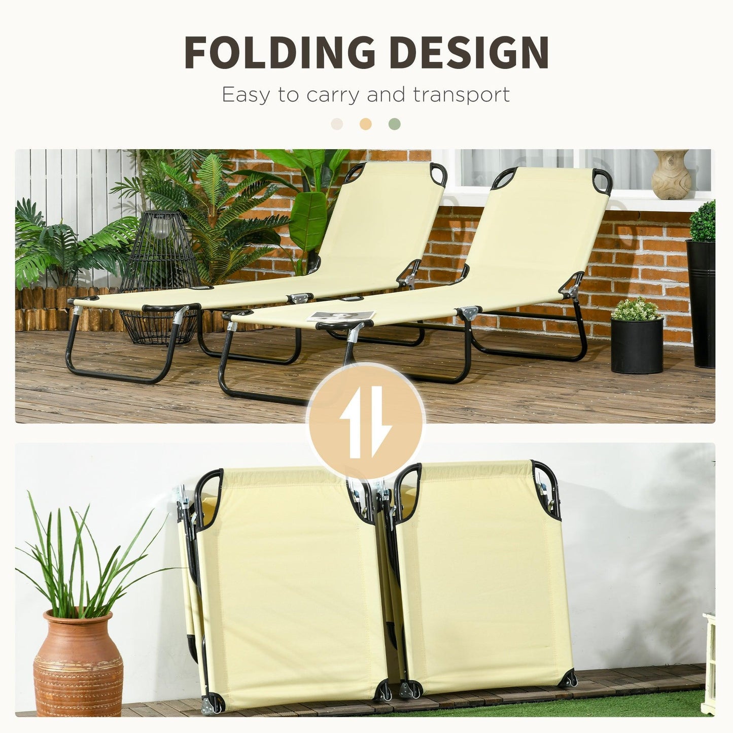 '-Outsunny Folding Chaise Lounge Pool Chairs, Set of 2 Outdoor Sun Tanning Chairs, 5-Position Reclining Back, Steel Frame for Beach, Yard, Patio, Beige - Outdoor Style Company