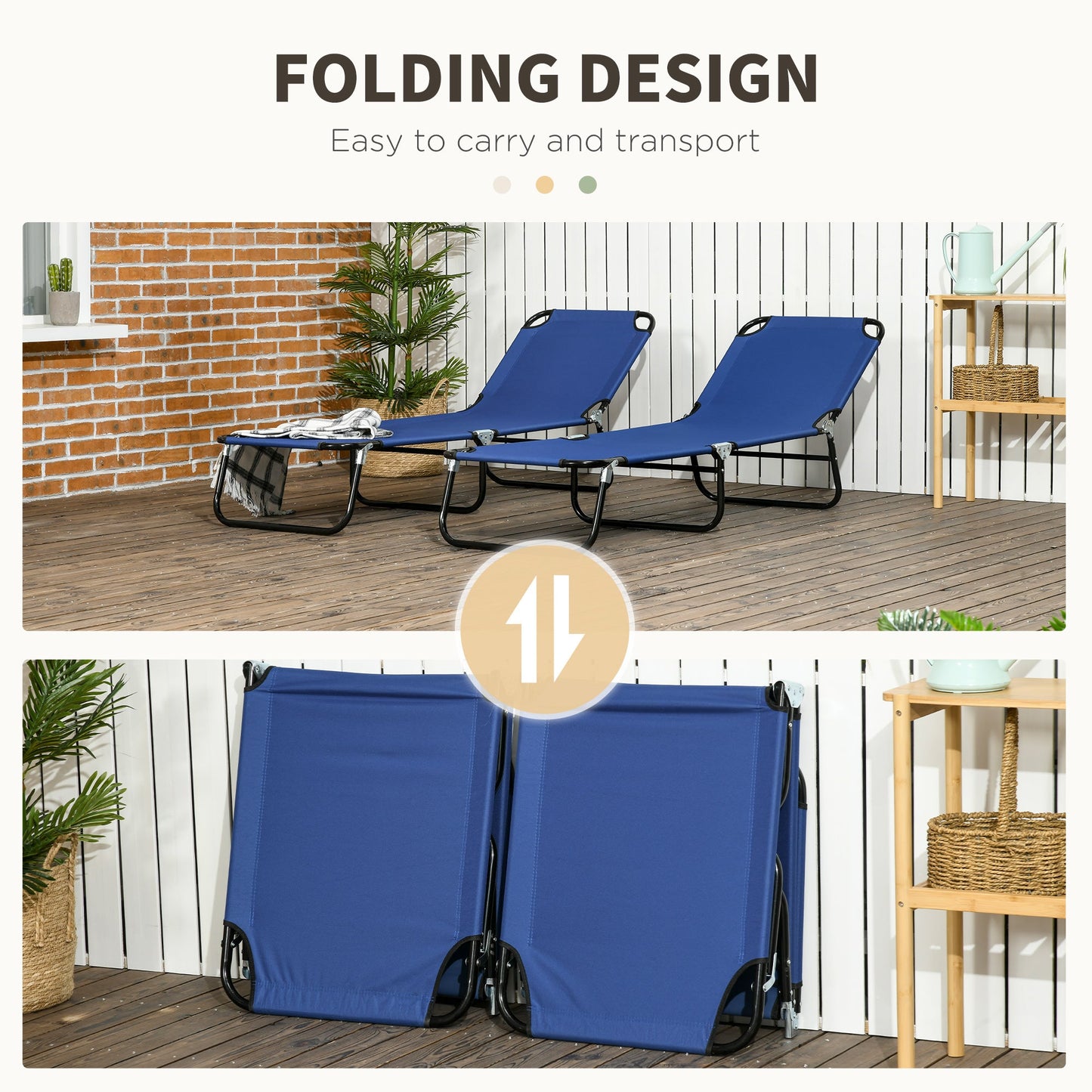 '-Outsunny Folding Chaise Lounge Pool Chairs, Set of 2 Outdoor Sun Tanning Chairs, 5-Position Reclining Back, Steel Frame & Oxford Fabric, Blue - Outdoor Style Company