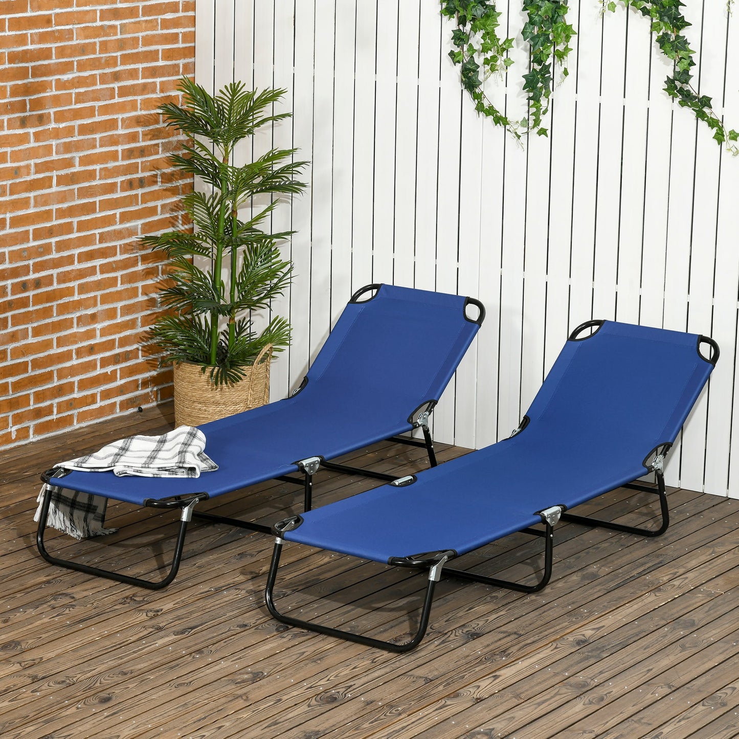 '-Outsunny Folding Chaise Lounge Pool Chairs, Set of 2 Outdoor Sun Tanning Chairs, 5-Position Reclining Back, Steel Frame & Oxford Fabric, Blue - Outdoor Style Company