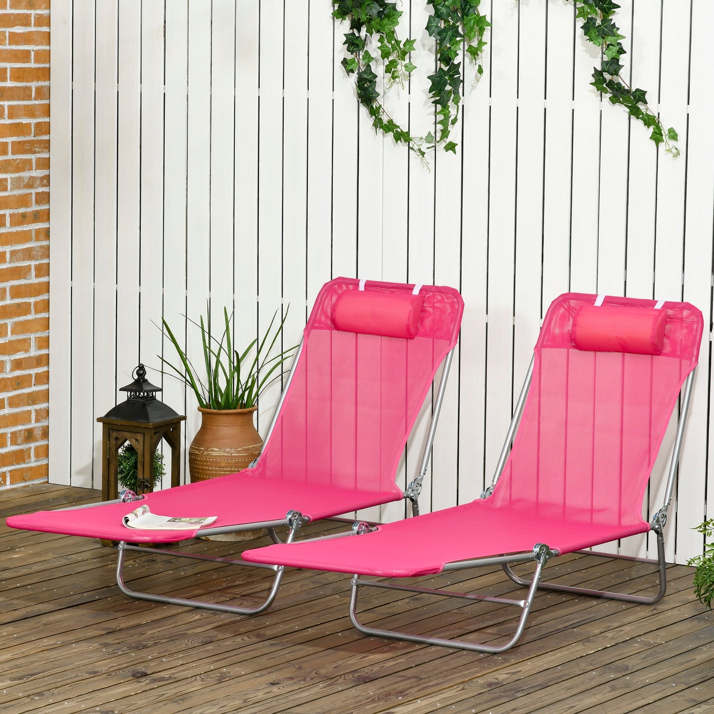 '-Outsunny Folding Chaise Lounge Pool Chairs, Set of 2 Outdoor Sun Tanning Chairs with Pillow & 6-Position Reclining Back for Beach, Yard, Patio, Pink - Outdoor Style Company