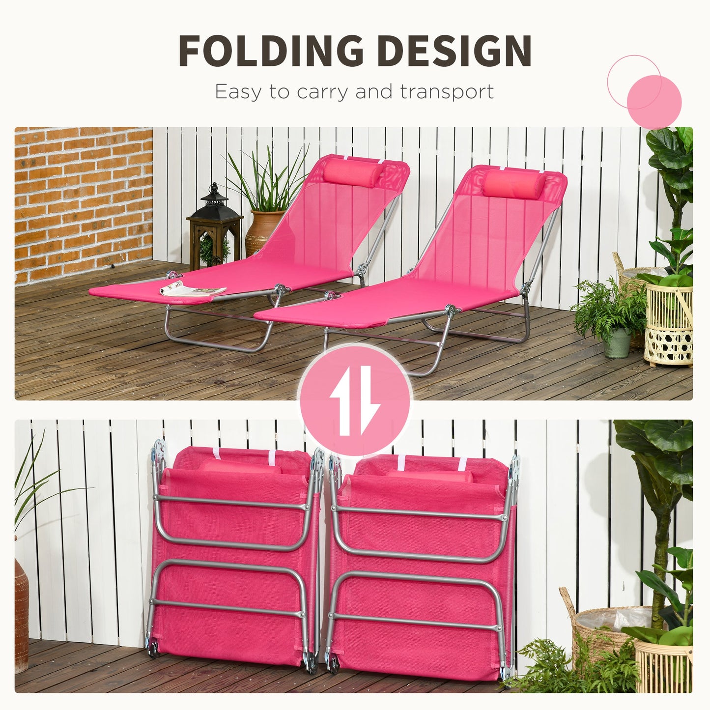 '-Outsunny Folding Chaise Lounge Pool Chairs, Set of 2 Outdoor Sun Tanning Chairs with Pillow & 6-Position Reclining Back for Beach, Yard, Patio, Pink - Outdoor Style Company