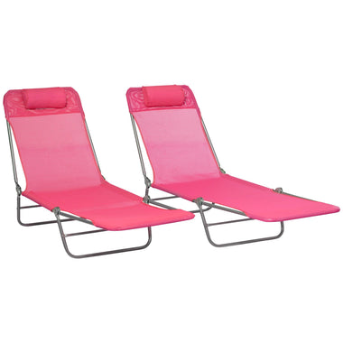 '-Outsunny Folding Chaise Lounge Pool Chairs, Set of 2 Outdoor Sun Tanning Chairs with Pillow & 6-Position Reclining Back for Beach, Yard, Patio, Pink - Outdoor Style Company