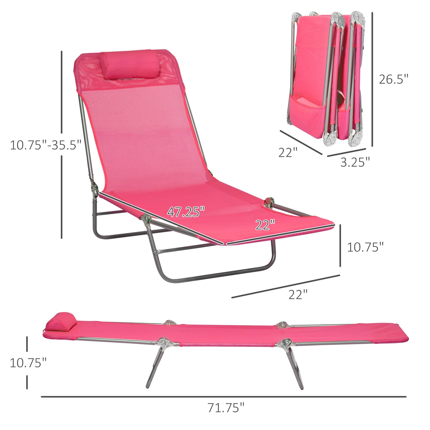 '-Outsunny Folding Chaise Lounge Pool Chairs, Set of 2 Outdoor Sun Tanning Chairs with Pillow & 6-Position Reclining Back for Beach, Yard, Patio, Pink - Outdoor Style Company