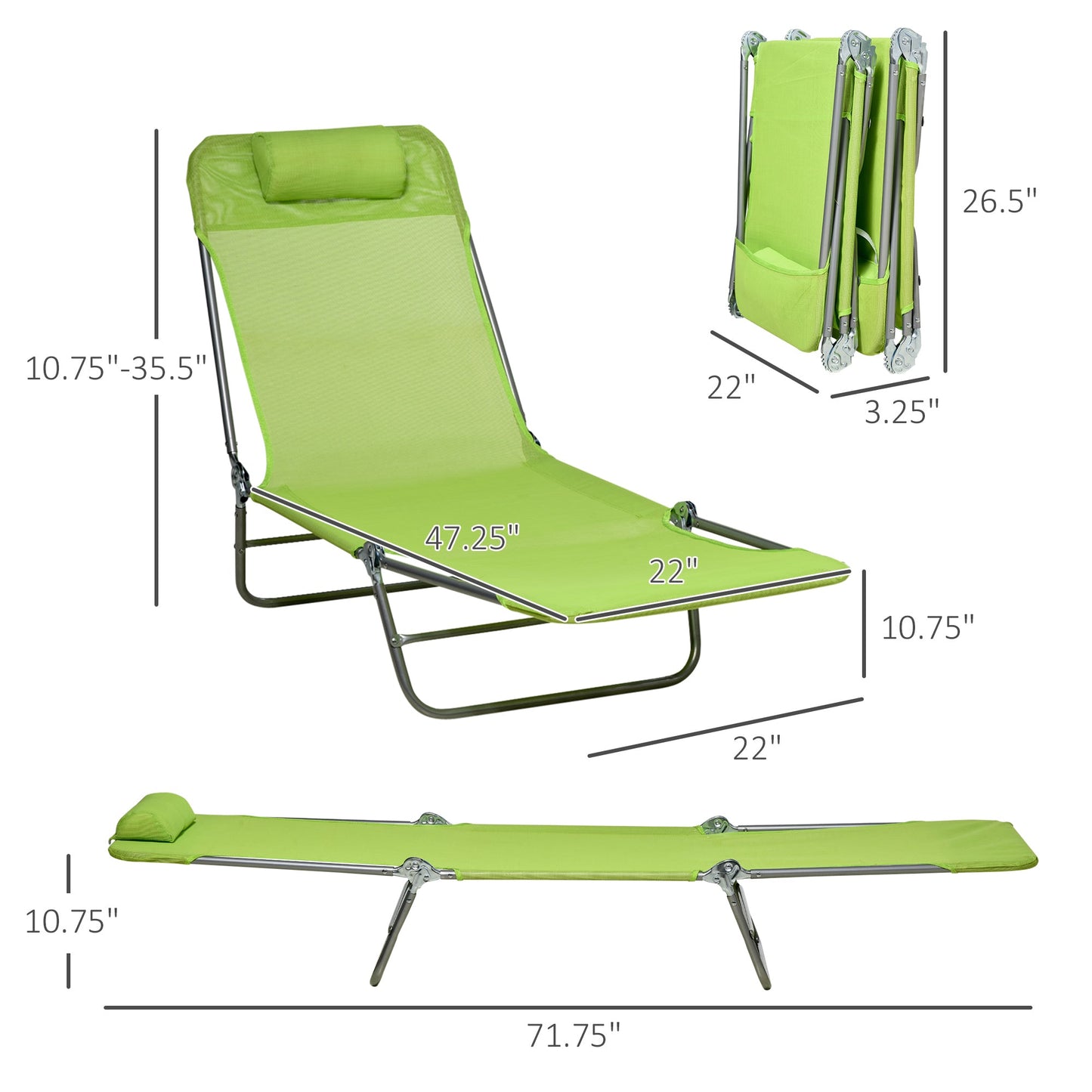 '-Outsunny Folding Chaise Lounge Pool Chairs, Set of 2 Outdoor Sun Tanning Chairs with Pillow, Six-Position Reclining Back for Beach, Yard, Patio, Green - Outdoor Style Company