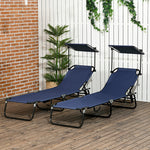 '-Outsunny Folding Chaise Lounge Pool Chairs, Set of 2 Outdoor Sun Tanning Chairs with Sunshade Face Guard, Five-Position Reclining Back, Steel Frame & Oxford Fabric for Beach, Yard, Patio, Dark Blue - Outdoor Style Company