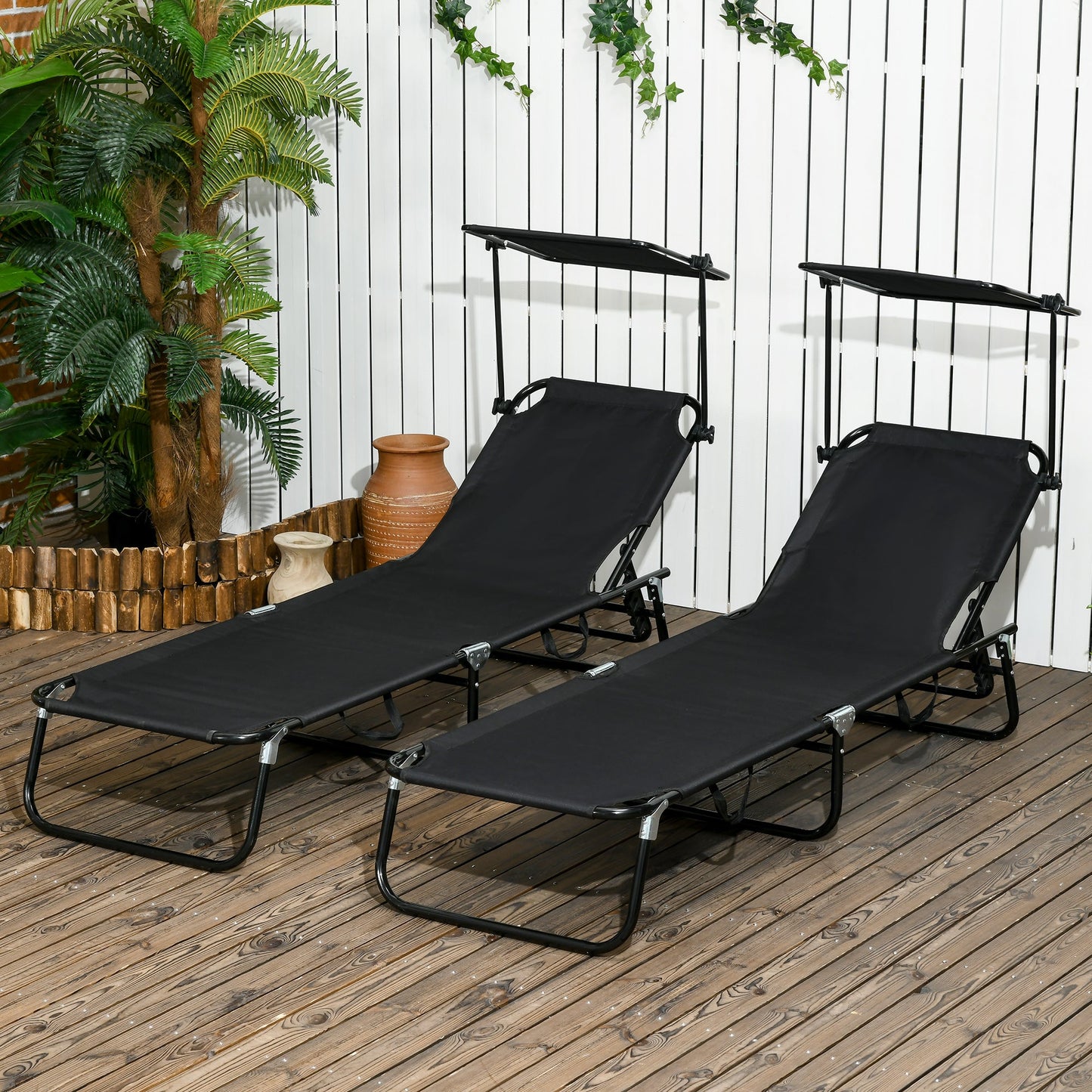 -Outsunny Folding Chaise Lounge Pool Chairs, Set of 2 Outdoor Sun Tanning Chairs with Sunshade Face Guard, Five-Position Reclining Back, Steel Frame & Oxford Fabric for Beach, Yard, Patio, Black - Outdoor Style Company