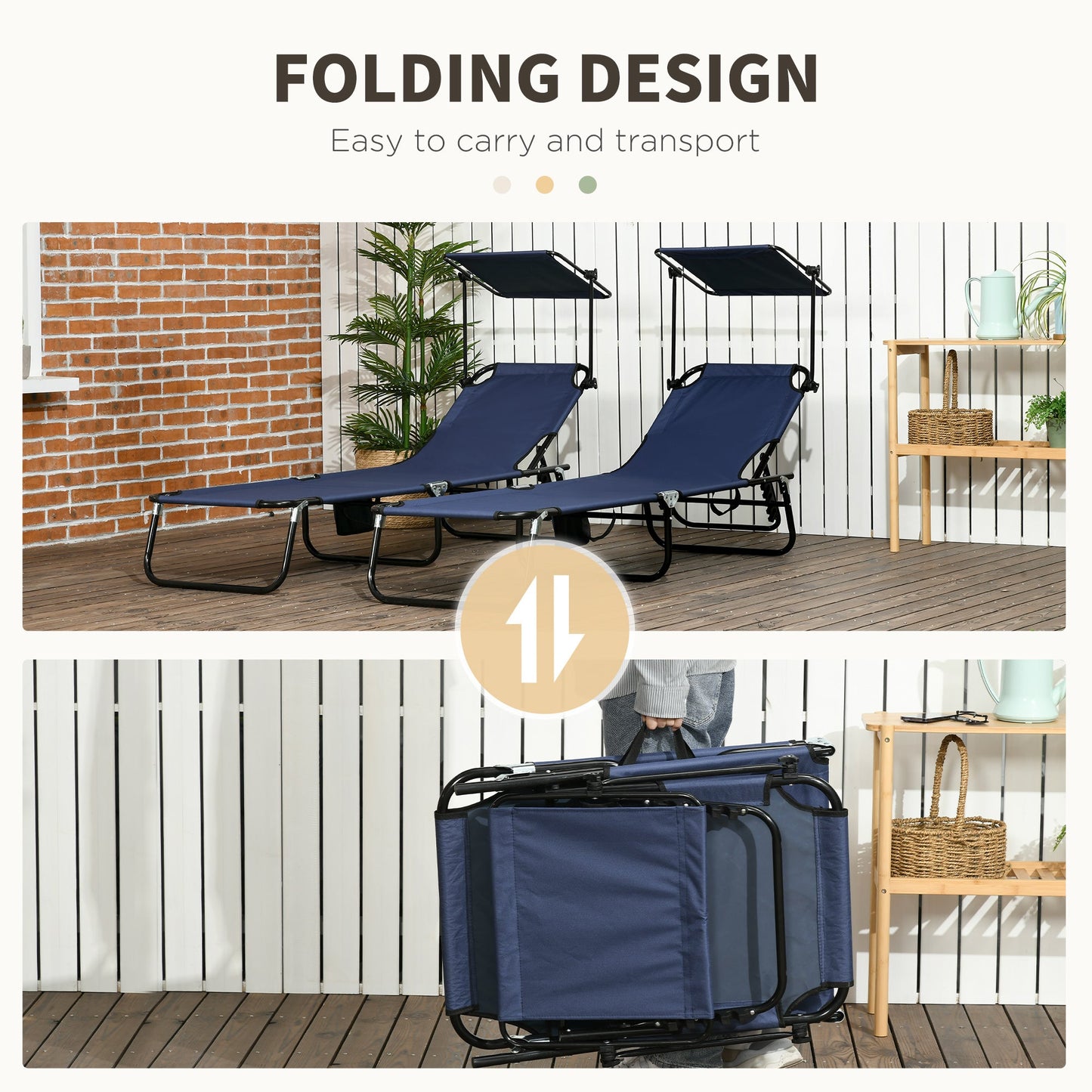 '-Outsunny Folding Chaise Lounge Pool Chairs, Set of 2 Outdoor Sun Tanning Chairs with Sunshade Face Guard, Five-Position Reclining Back, Steel Frame & Oxford Fabric for Beach, Yard, Patio, Dark Blue - Outdoor Style Company