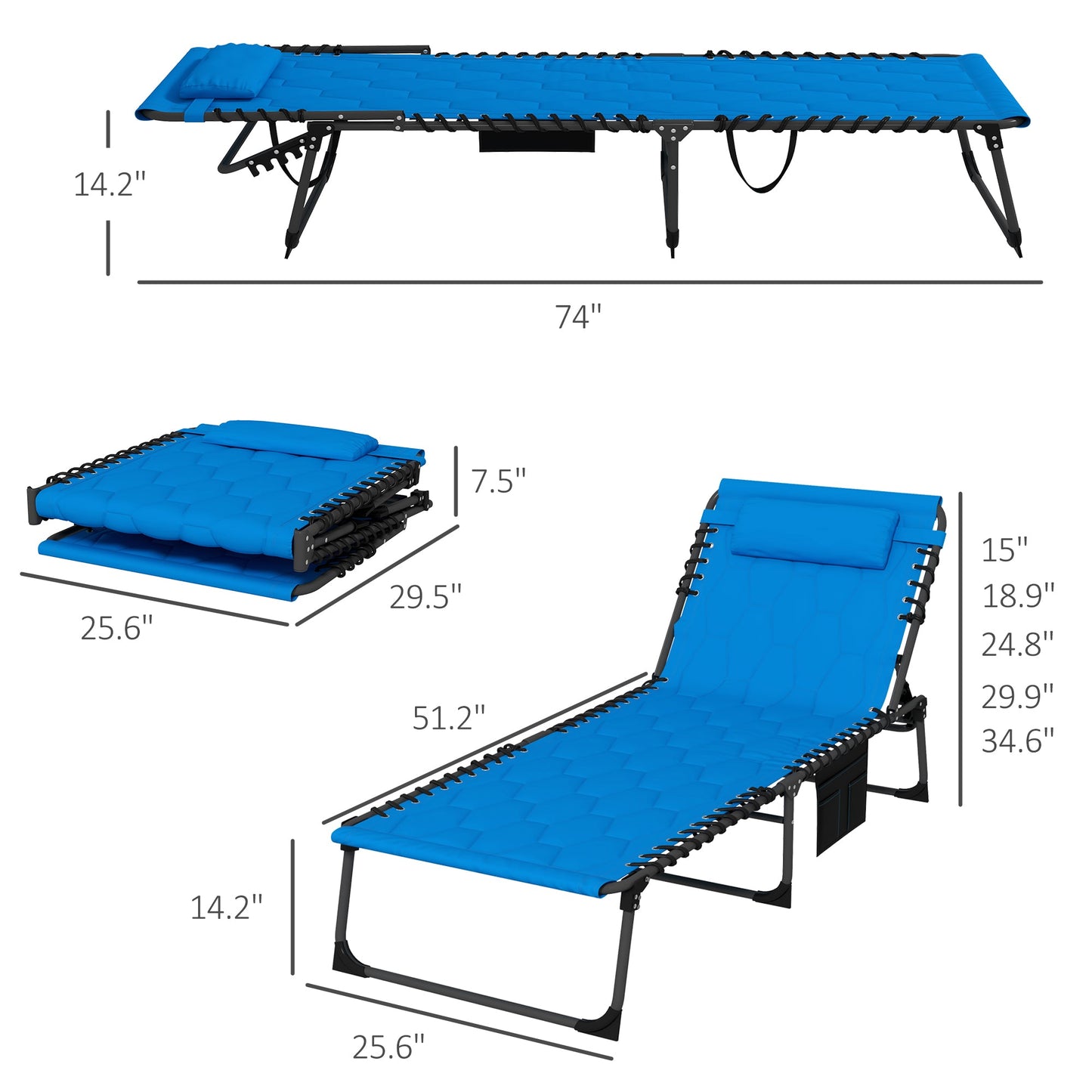 '-Outsunny Folding Chaise Lounge Set with 5 Positions Reclining Back, Outdoor Patio Chaise Lounges for Pool Sunbathing Yard, 25.6" x 74" x 14.2", Blue - Outdoor Style Company