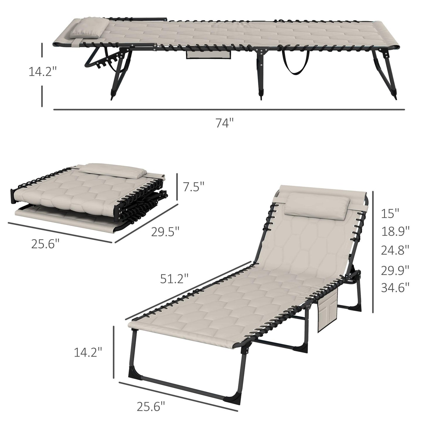 '-Outsunny Folding Chaise Lounge Set with Reclining Back, 25.6" x 74" x 14.2", Khaki - Outdoor Style Company