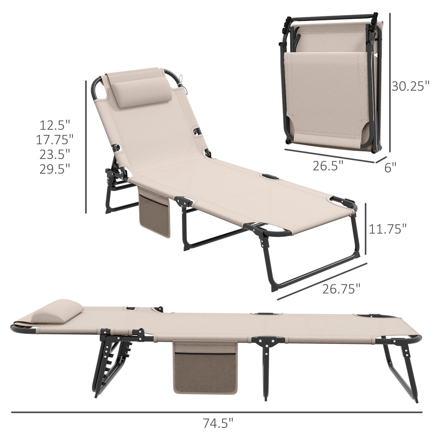 '-Outsunny Folding Chaise Lounge with 4-level Reclining Back, Outdoor Tanning Chair with Cushion, Outdoor Lounge Chair with Side Pocket, Headrest, Beige - Outdoor Style Company