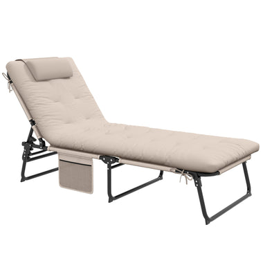 -Outsunny Folding Chaise Lounge with 4-level Reclining Back, Outdoor Tanning Chair with Cushion, Outdoor Lounge Chair with Side Pocket, Headrest, Beige - Outdoor Style Company