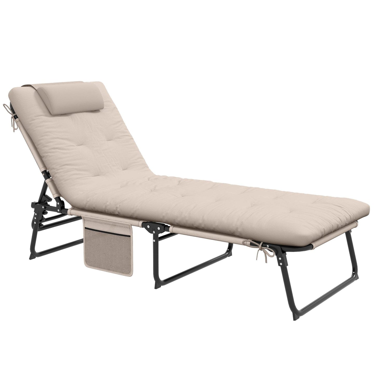 '-Outsunny Folding Chaise Lounge with 4-level Reclining Back, Outdoor Tanning Chair with Cushion, Outdoor Lounge Chair with Side Pocket, Headrest, Beige - Outdoor Style Company