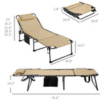 -Outsunny Folding Chaise Tanning Lounge Chair w/ 5-level Reclining Back, Reading Hole, Side Pocket, Headrest, Beige - Outdoor Style Company