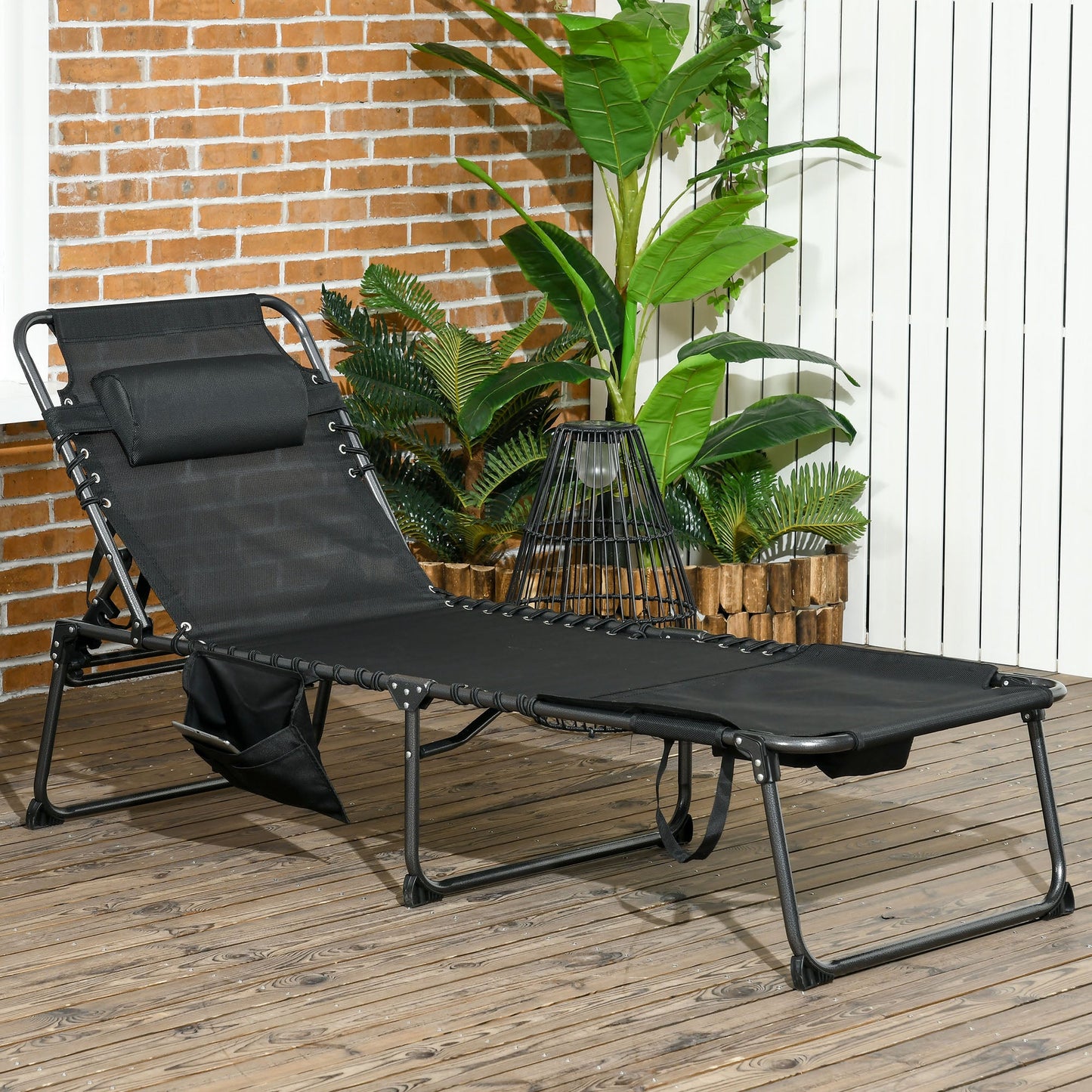 -Outsunny Folding Chaise Tanning Lounge Chair w/ 5-level Reclining Back, Reading Hole, Side Pocket, Headrest, Black - Outdoor Style Company