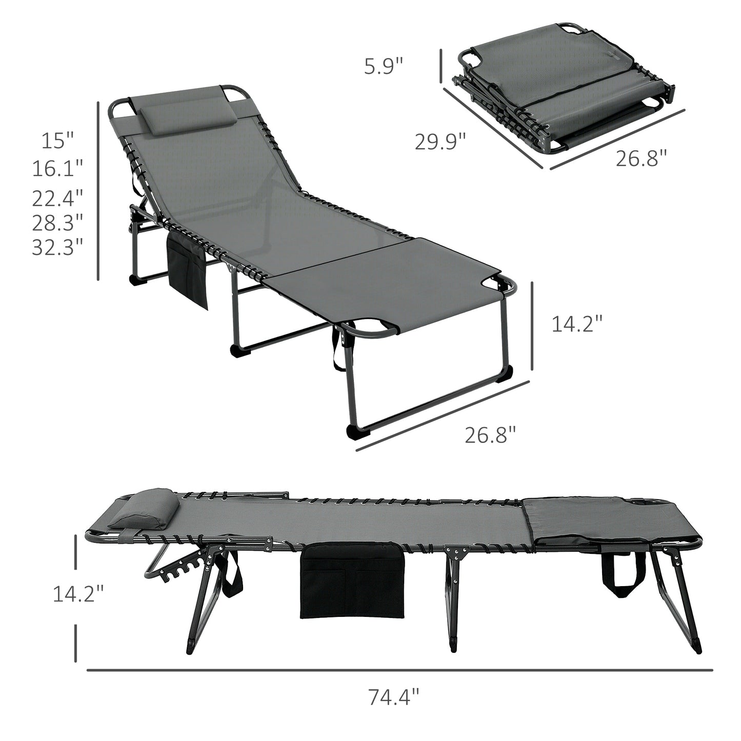 '-Outsunny Folding Chaise Tanning Lounge Chair w/ 5-level Reclining Back, Reading Hole, Side Pocket, Headrest, Gray - Outdoor Style Company